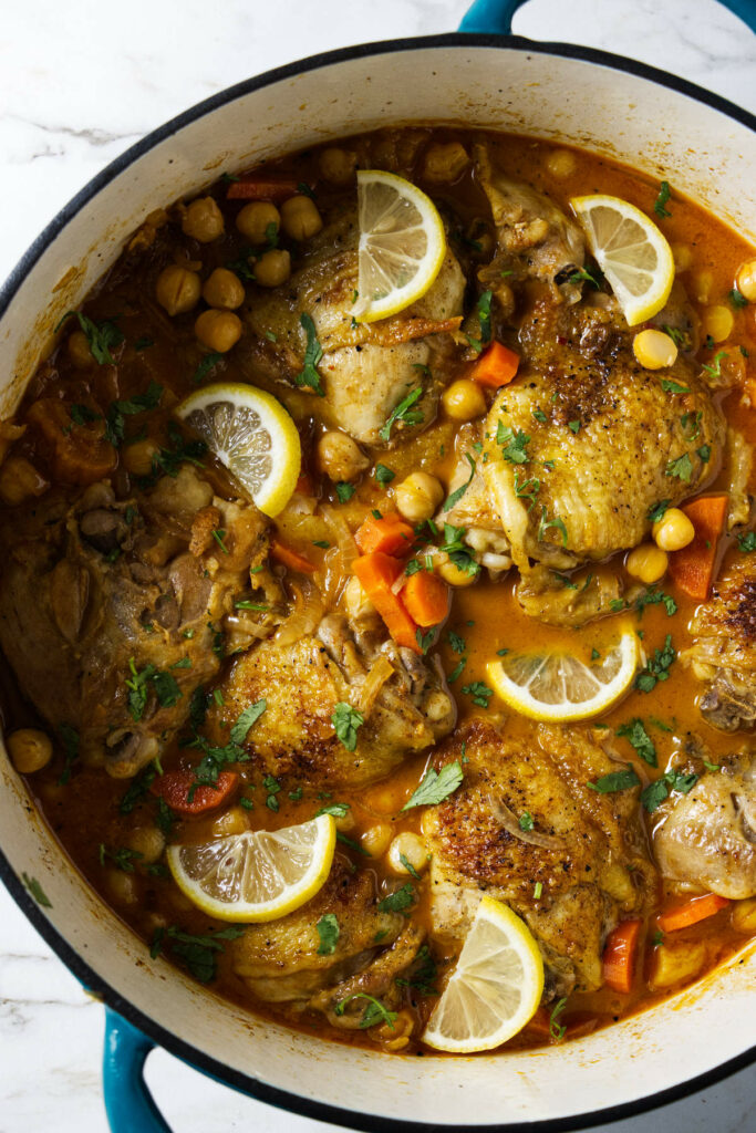 A pot of Moroccan chicken stew