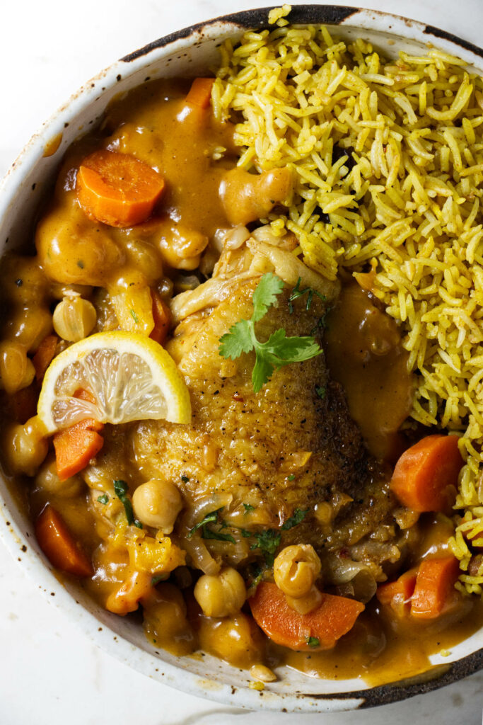 North African chicken stew in a bowl.