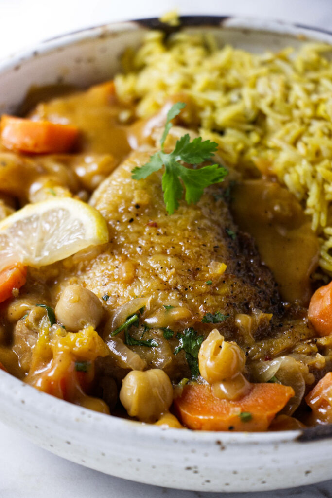 Chicken stew with orzo.