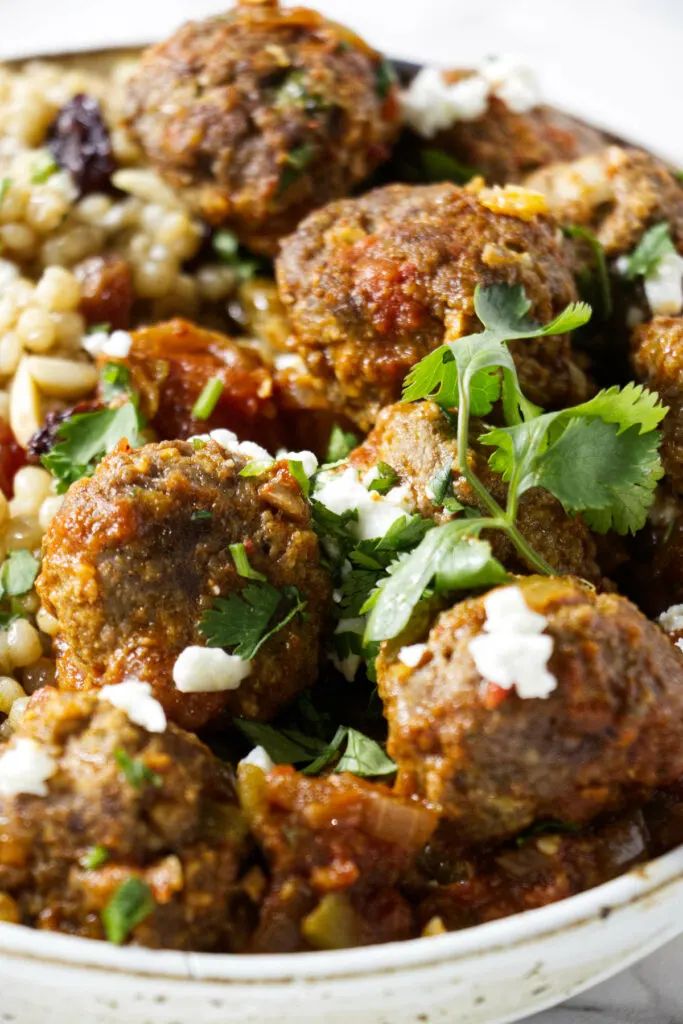 Lamb meatballs in a bowl.