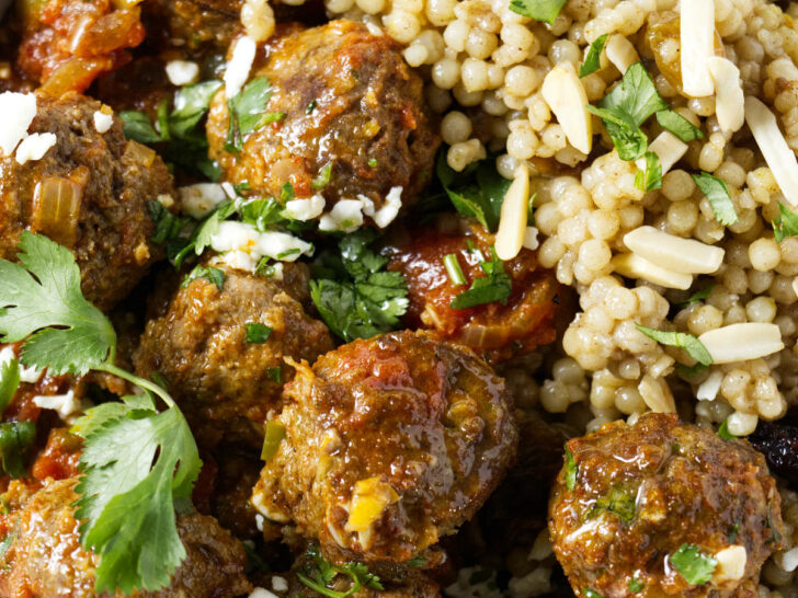 Moroccan lamb meatballs in a bowl with orzo.