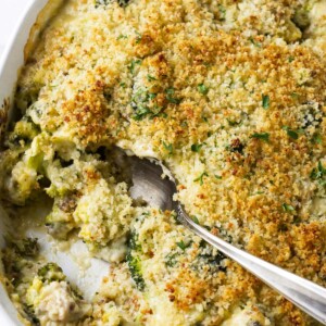 A casserole dish with creamy broccoli.
