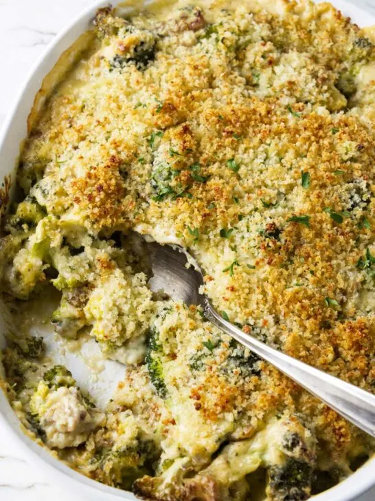 A casserole dish with creamy broccoli.