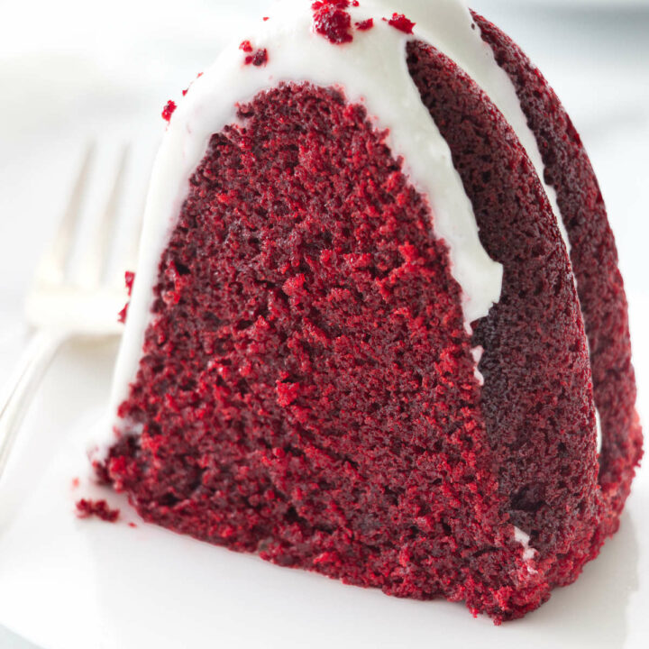 A slice of a red velvet Bundt cake.
