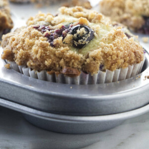 A sour cream blueberry muffin in a muffin tin.