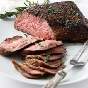 A sous vide tri tip on a platter.