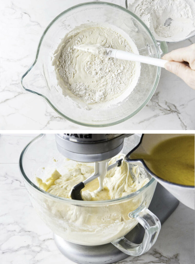 Folding flour into cake batter and adding the warm milk and butter.