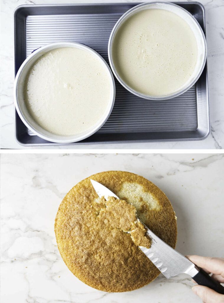 Adding cake batter to two cake pans and leveling the top of a baked cake layer.