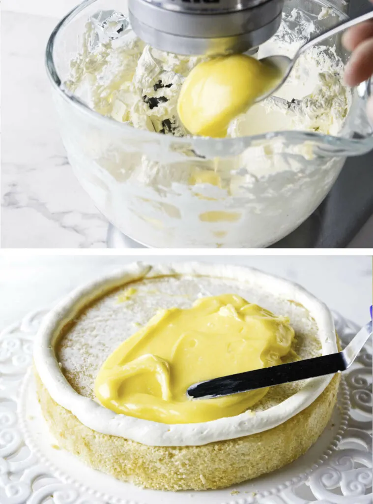 Adding lemon curd to buttercream and spreading lemon curd on a cake layer.
