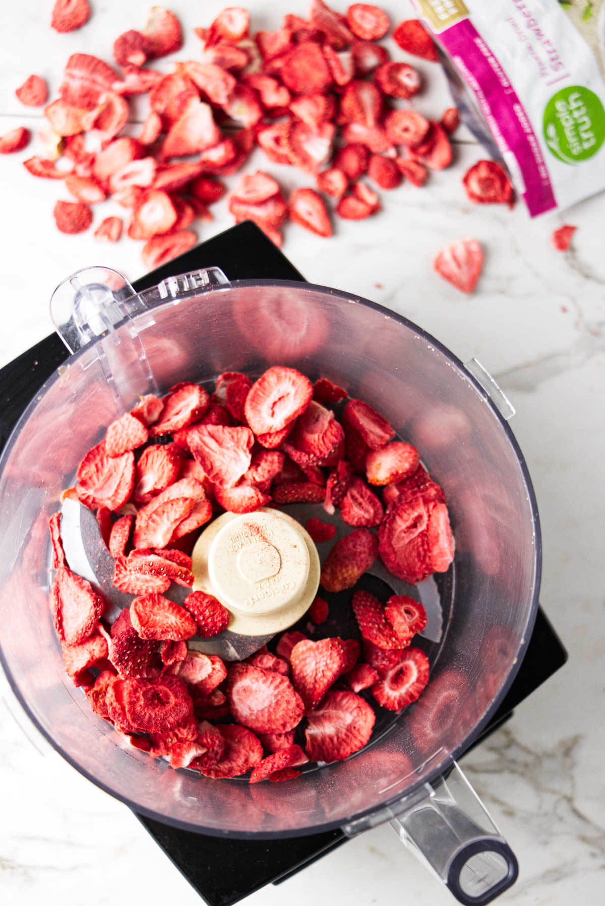 Freeze dried strawberries in a food processor.