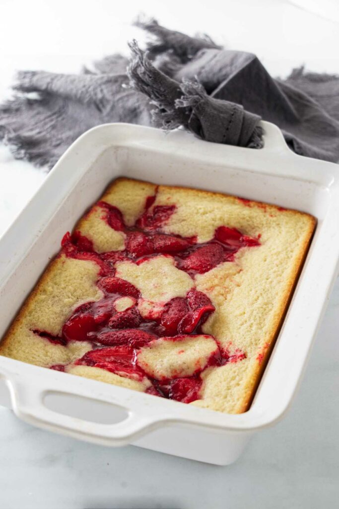 Baked strawberry spoon bread.