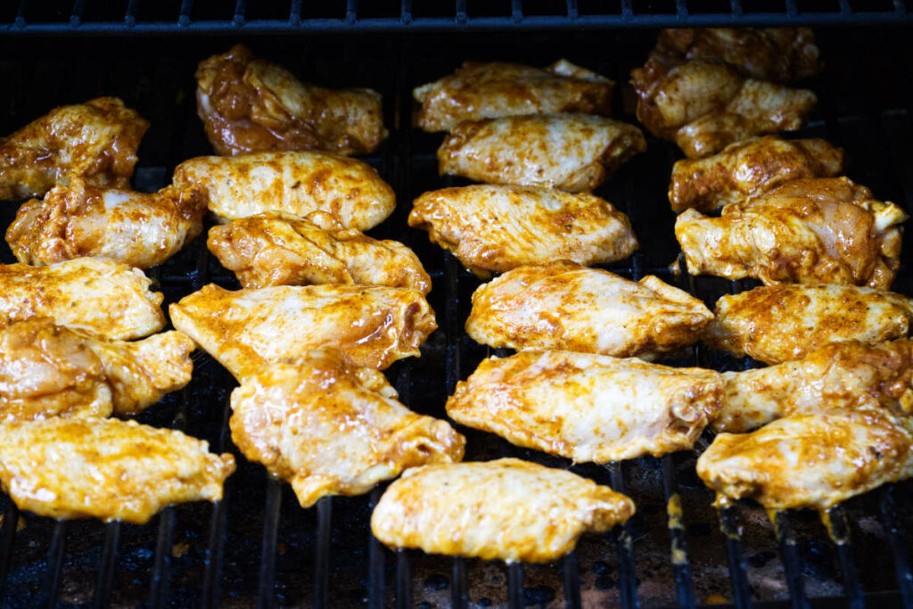 BBQ chicken wings on a Traeger pellet grill.