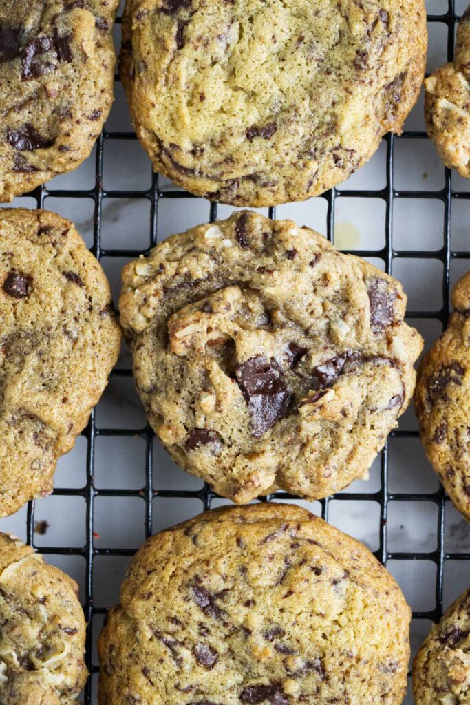 Einkorn chocolate chip cookies cooling on a cookie rack.