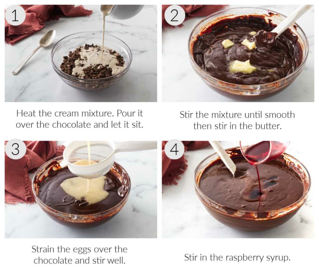 Adding hot cream to chopped chocolate then stirring in the butter and eggs and raspberry syrup into the chocolate.