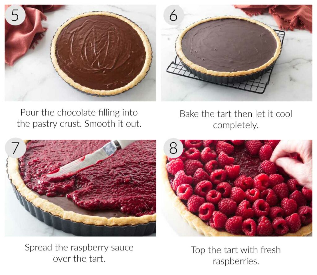 Filling a pastry crust with chocolate raspberry filling and baking it. Topping the tart with raspberry sauce and raspberries.
