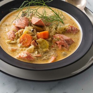 A dish of salmon stew.