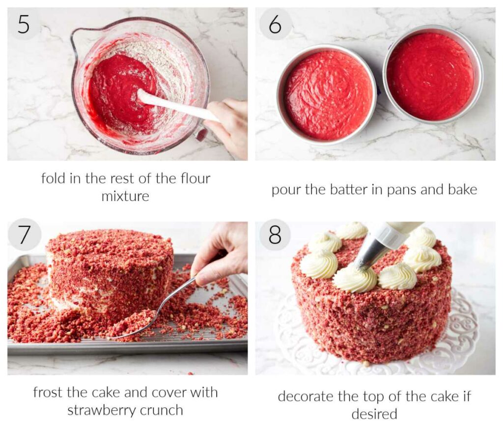 Mixing the rest of the flour into cake batter then baking and decorating the cake.