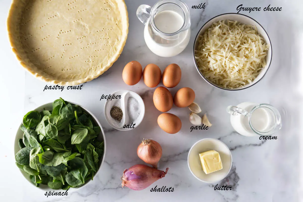 Pastry crust, milk, cheese, cream, garlic, butter, shallots, spinach, eggs, salt, and pepper.