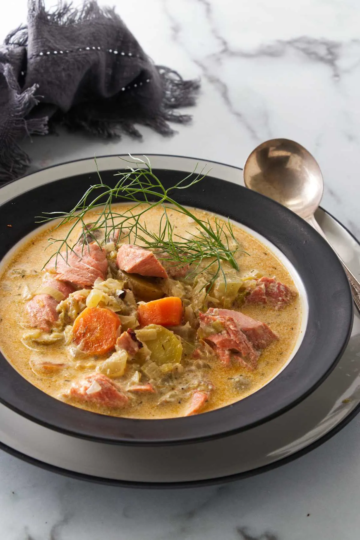 A dish of salmon stew.