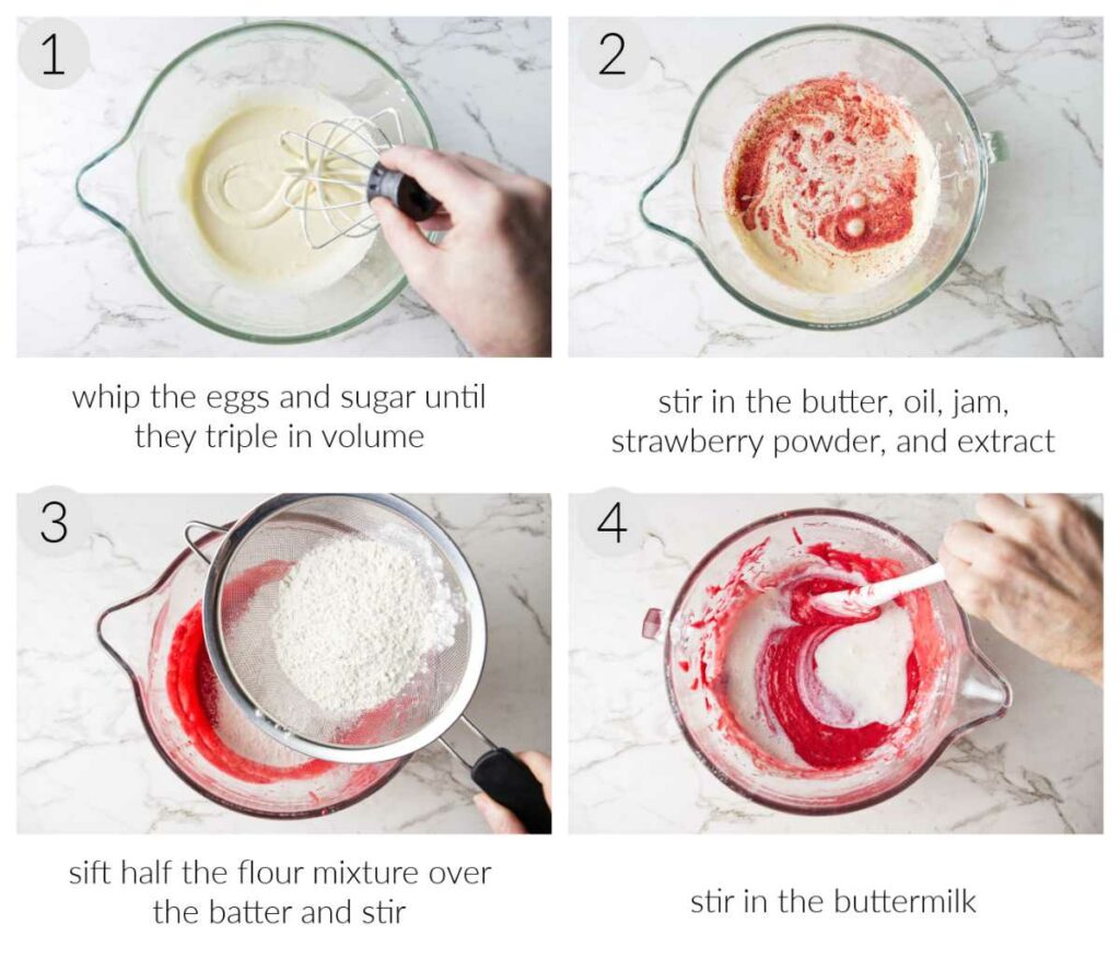 Making cake batter: whipping eggs and sugar then adding the flavorings and stirring in the flour mixture.