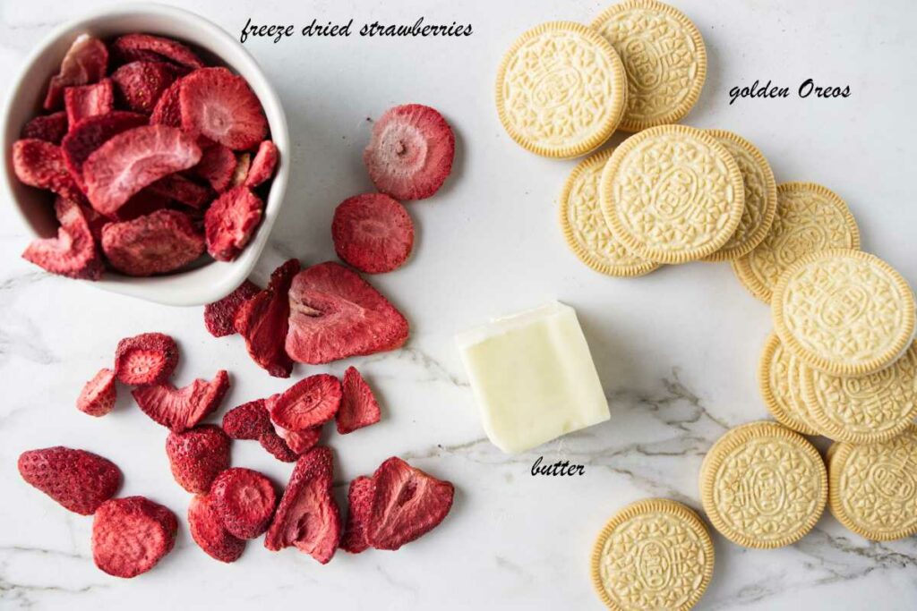 Golden Oreos, butter, and freeze dried strwberries.
