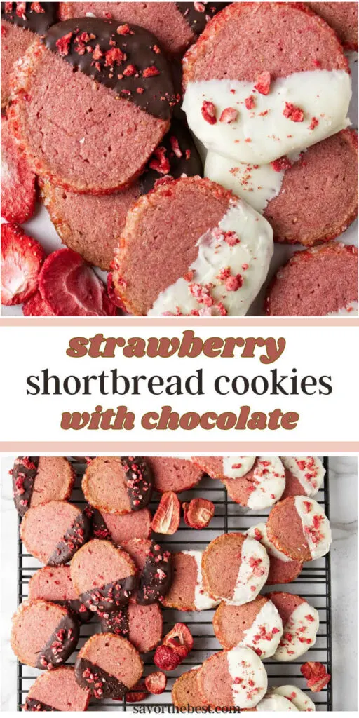 A collage of strawberry shortbread cookies for pinterest.