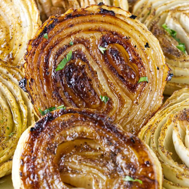 Golden brown slices of smoked onions.