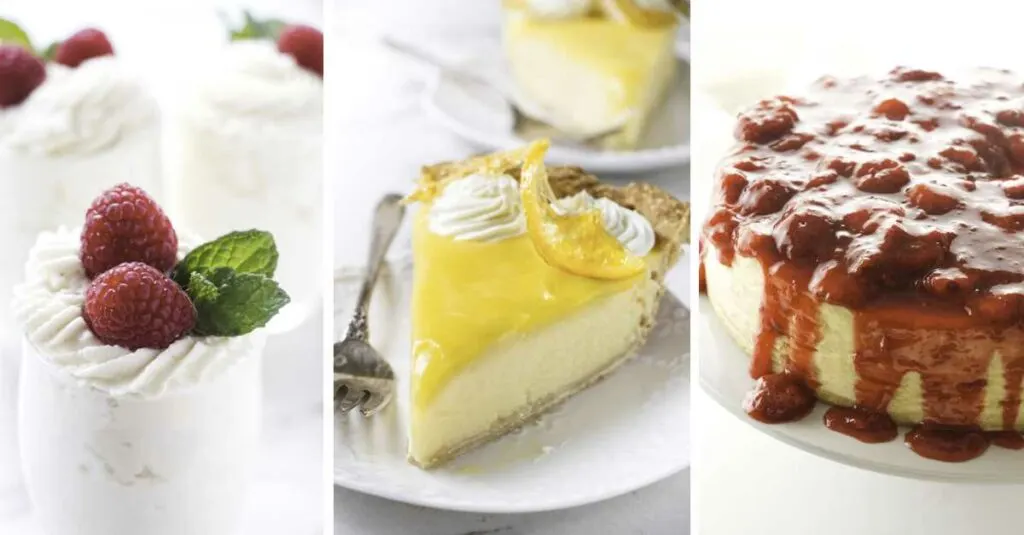 A collage of three photos: white chocolate mousse cake filling, lemon custard pie, and strawberry topping.