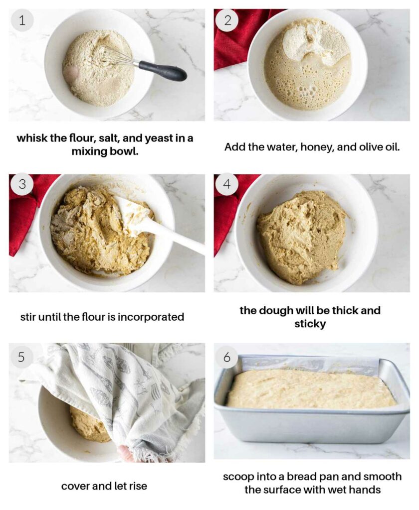 Mixing bread dough then letting it proof and finally putting it in a pan to rise.