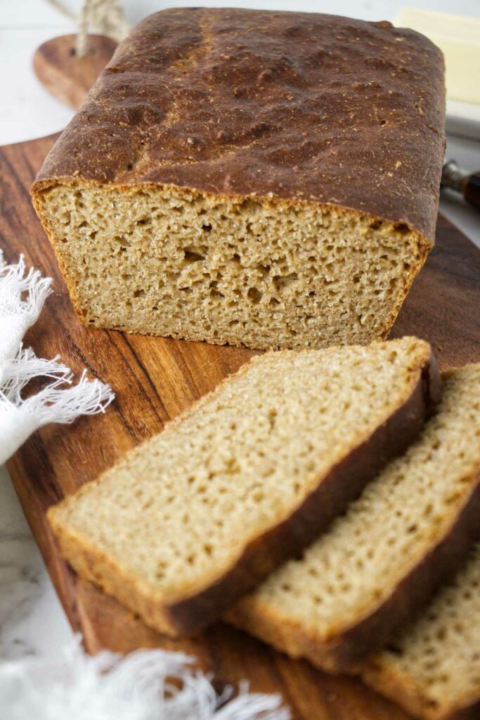 A loaf of bread made with 100% whole wheat einkorn flour.