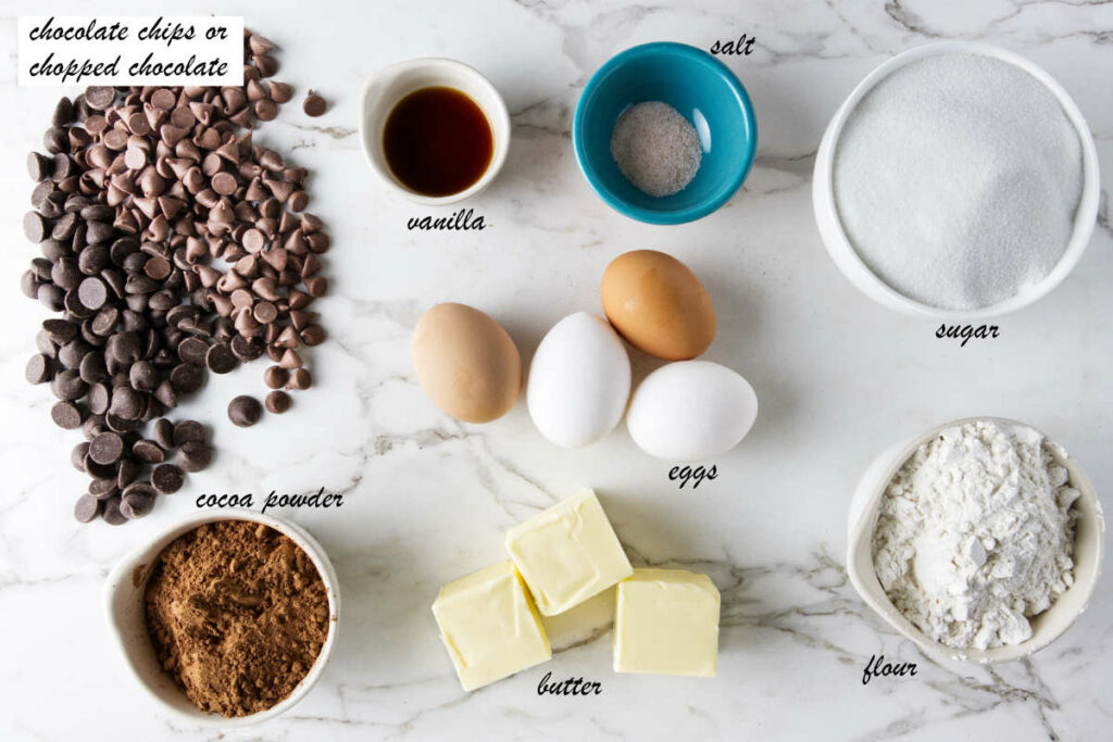 Chocolate chips, vanilla extract, salt, sugar, flour, butter, eggs, cocoa powder.
