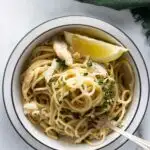 Overhead view of a serving of crab pasta.