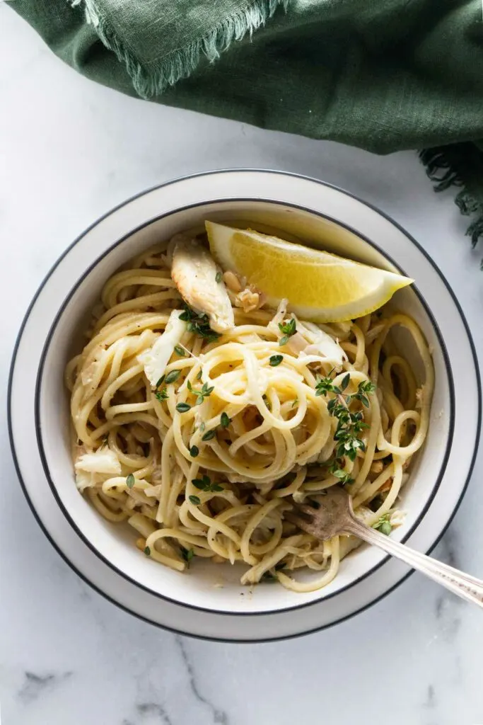 Overhead view of a serving of crab pasta.