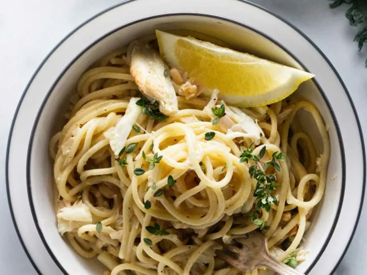 Overhead view of a serving of crab pasta.