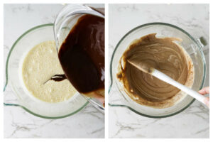 Adding melted chocolate to the egg mixture, then stirring it into the batter.