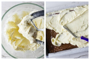 Making cream cheese frosting and spreading it on brownies.