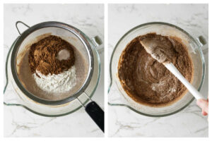 Sifting the dry ingredients over the batter, then mixing with a spatula.