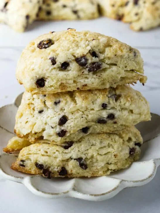 Three sourdough scones with chocolate chips and raisins.