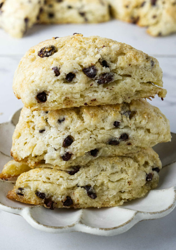 Three sourdough scones with chocolate chips and raisins.