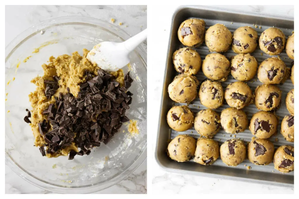 Stirring chocolate chunks into cookie batter then scooping the dough into balls.