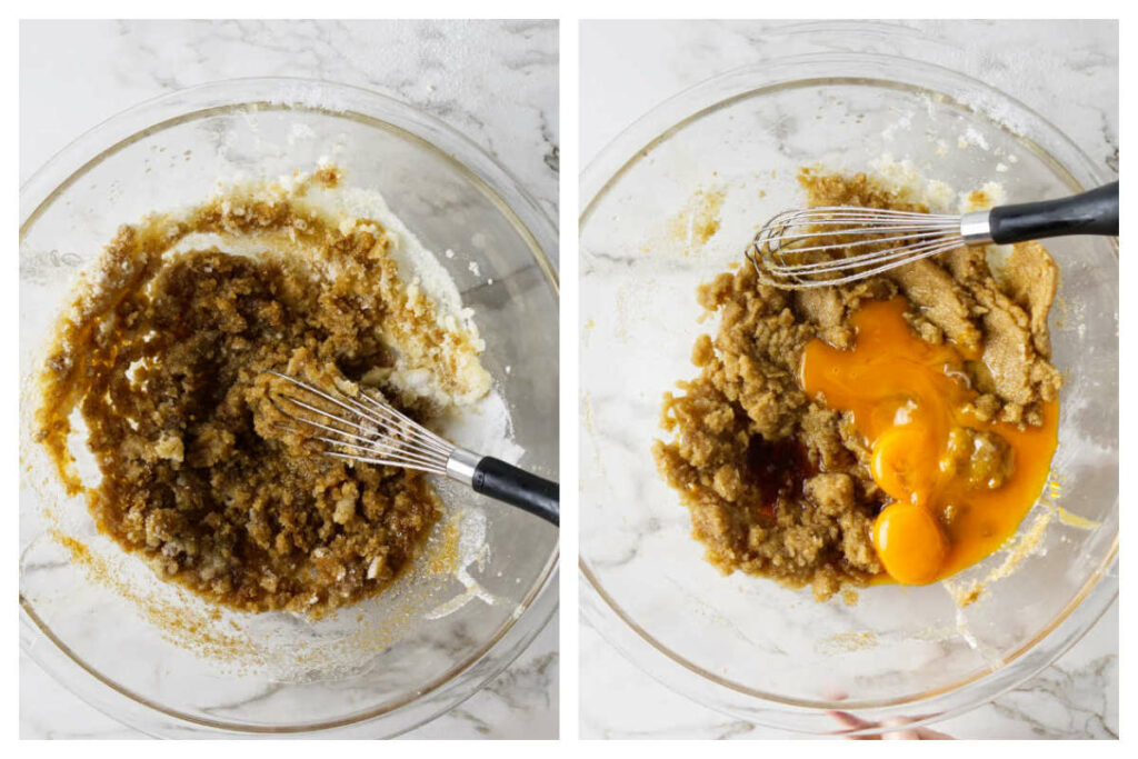 Stirring melted butter and sugar together then adding egg yolks.