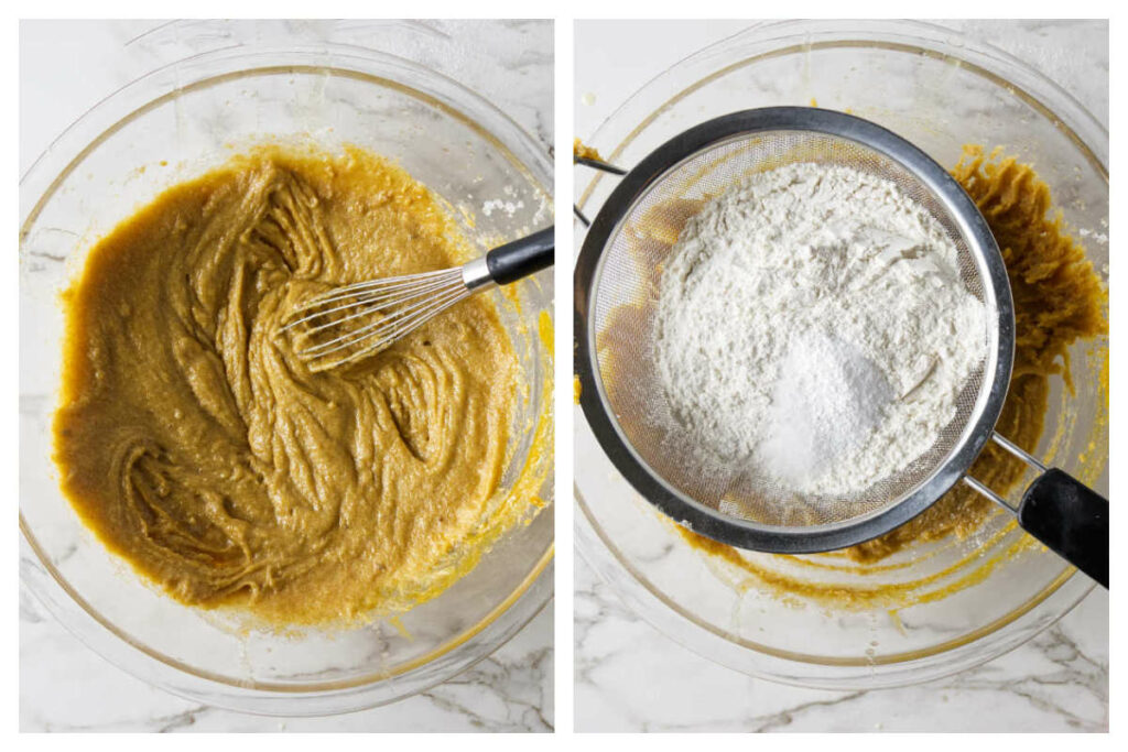 Whisking the wet ingredients for cookies then adding the dry ingredients.