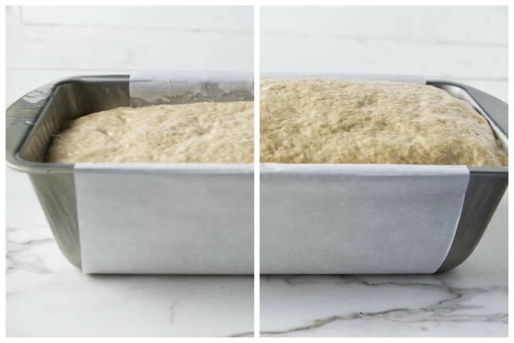 Before and after photo of einkorn bread dough proofing in an 8x4 pan.