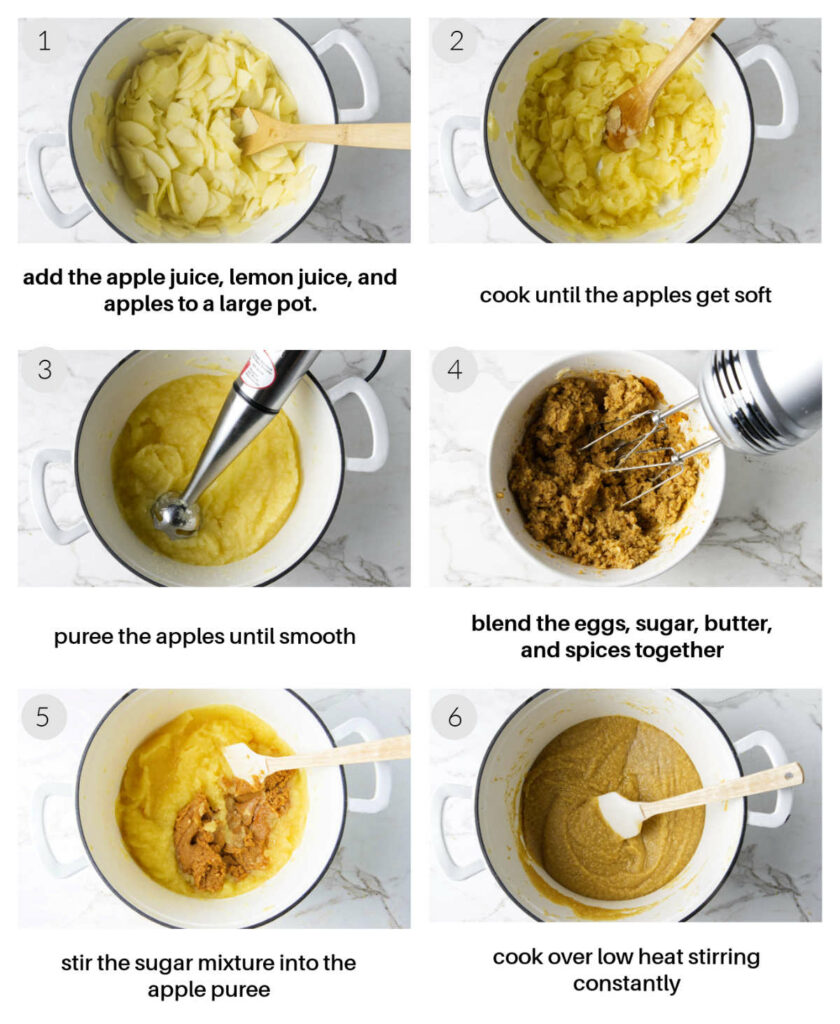 Six process photos showing how to cook down apples, puree them, then blend eggs, butter and sugar into the mixture.