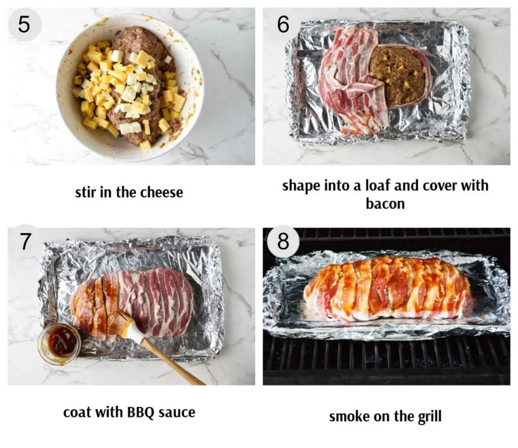 Stirring cheese into meatloaf mixture then shapping it into a loaf and covering it with bacon. Finally, smoking the meatloaf on a pellet grill.