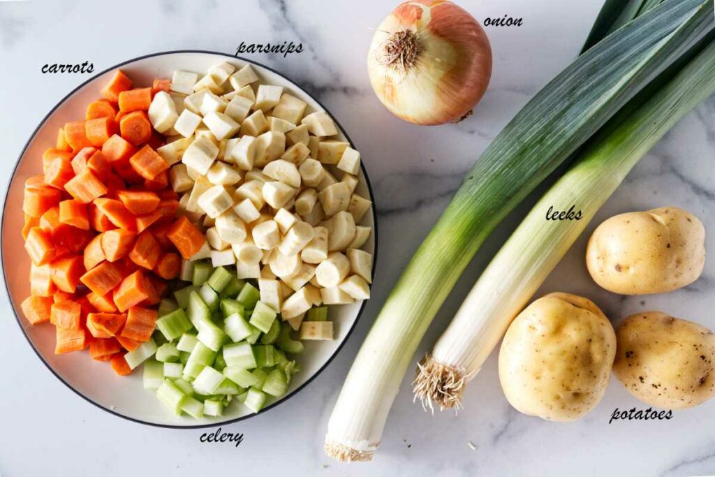 Carrots, parsnips, celery, onion, potatoes, and leeks.
