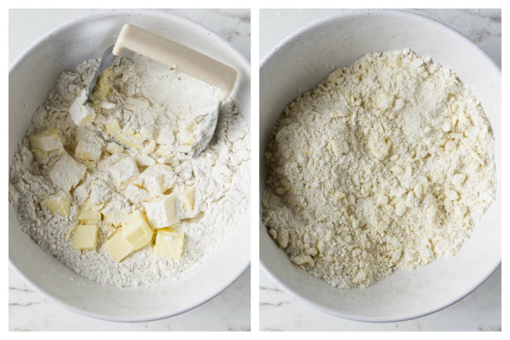Using a pastry blender to cut butter into the flour mixture.