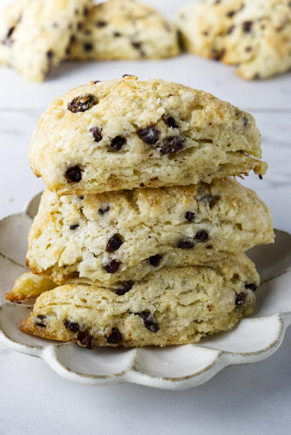 Three sourdough scones with chocolate chips and raisins.