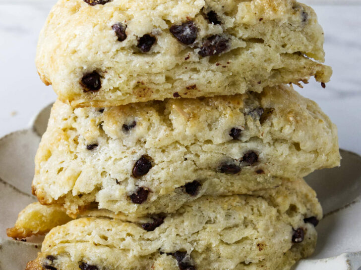 Three sourdough scones with chocolate chips and raisins.