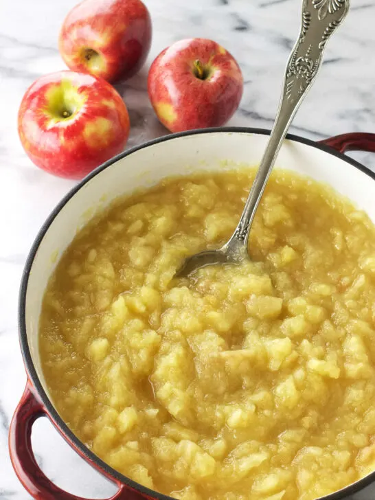 Unsweetened applesauce in a Dutch oven pot.